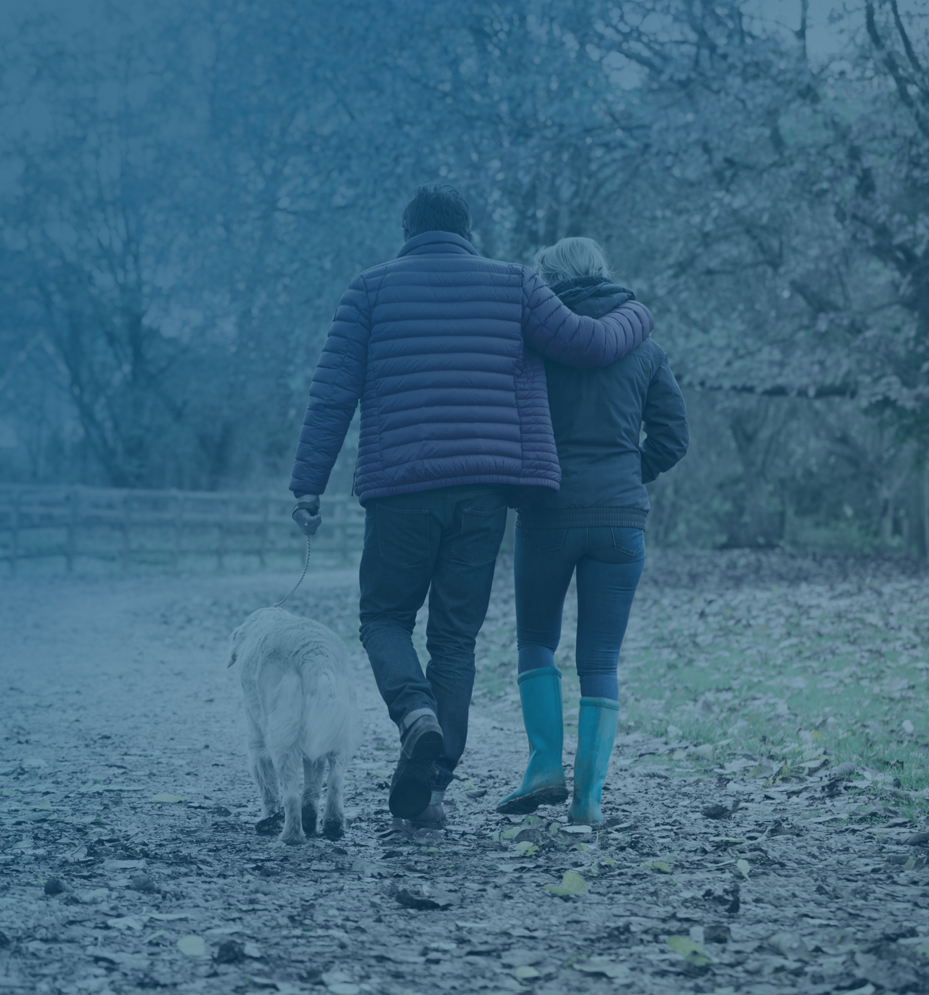 couple walking their dog in the fall